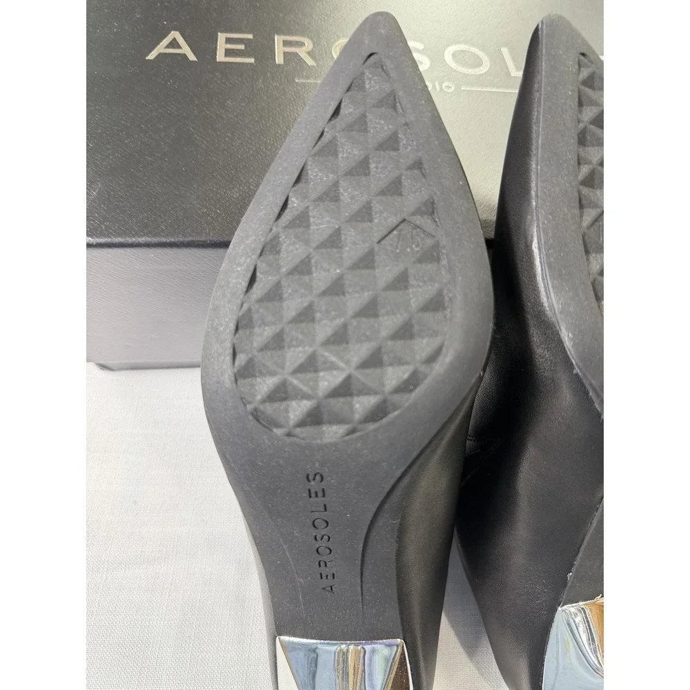 Aerosoles Black Leather Mule Heels Womens 7.5M Pointed Toe Slip On Shoes